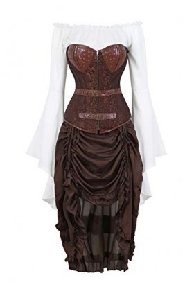 yumeng Corset jacquard grande taille avec jupe et chemisier pirate 3 pièces costume steampunk couleur : marron, taille : 14-