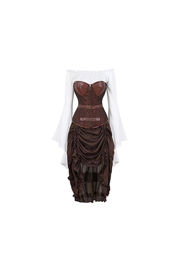 yumeng Corset jacquard grande taille avec jupe et chemisier pirate 3 pièces costume steampunk couleur : marron, taille : 14-