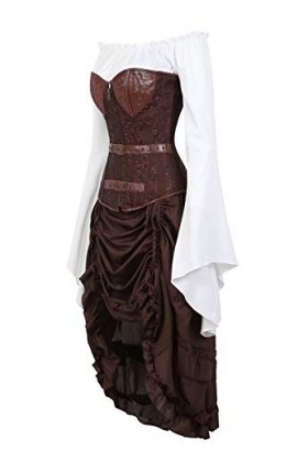 yumeng Corset jacquard grande taille avec jupe et chemisier pirate 3 pièces costume steampunk couleur : marron, taille : 14-