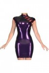 ASNAT Latex Naturel Robes Sexy en Latex Violet et Rouge métallisé avec Ceintures sur Le côté Cheongsam en Caoutchouc Moulante
