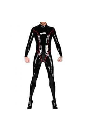 Black Sexy Latex Catsuit with Back to Crotch Zipper and Buttons Rubber Body Suit Bodysuit Zentai Overall