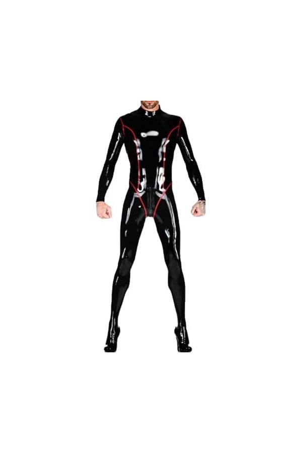Black Sexy Latex Catsuit with Back to Crotch Zipper and Buttons Rubber Body Suit Bodysuit Zentai Overall