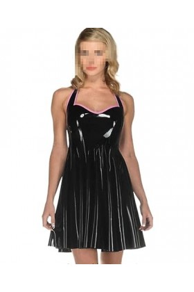 PODSI Robe en Latex Naturel Robe Femme Robe Robe Courte Sexy Poitrine Basse Cou Suspendu Dew Dos,Noir Et Rose,XL