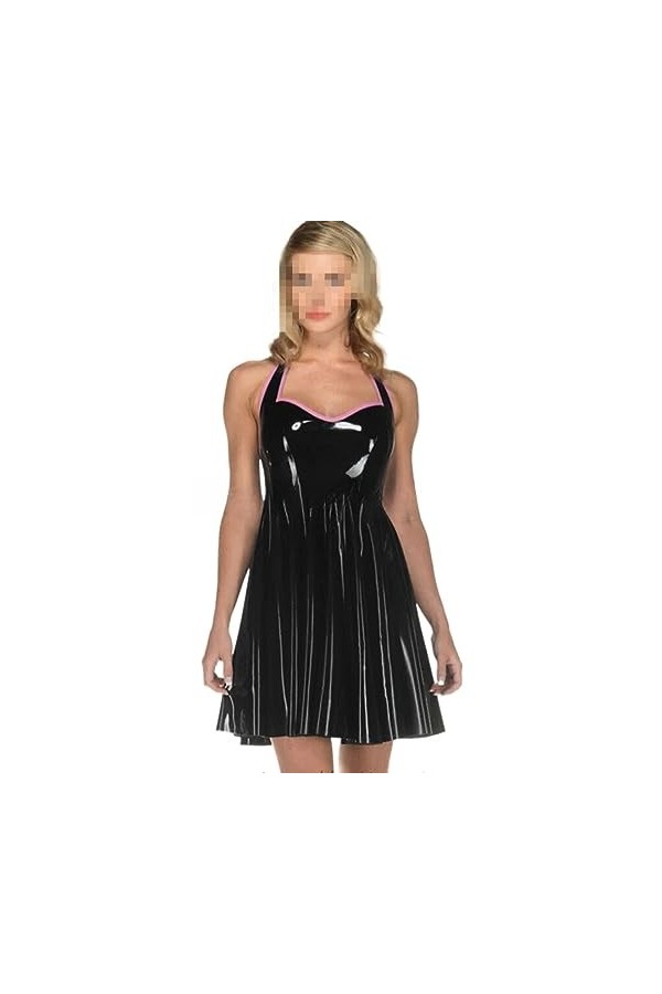 PODSI Robe en Latex Naturel Robe Femme Robe Robe Courte Sexy Poitrine Basse Cou Suspendu Dew Dos,Noir Et Rose,XL