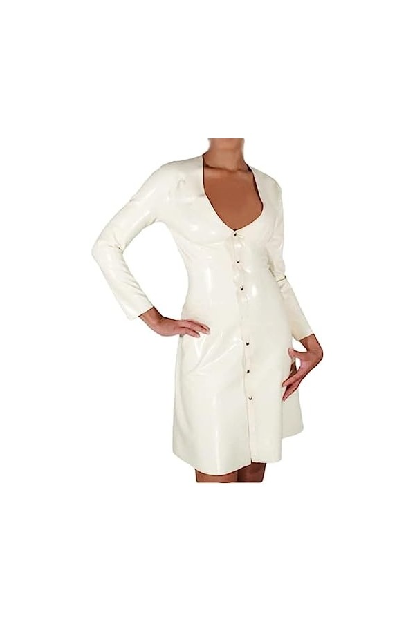 IDOBLO Robe Blanche Sexy en Latex avec Clip Et Boutons À lavant Combishort Moulante en Caoutchouc,Blanc,L