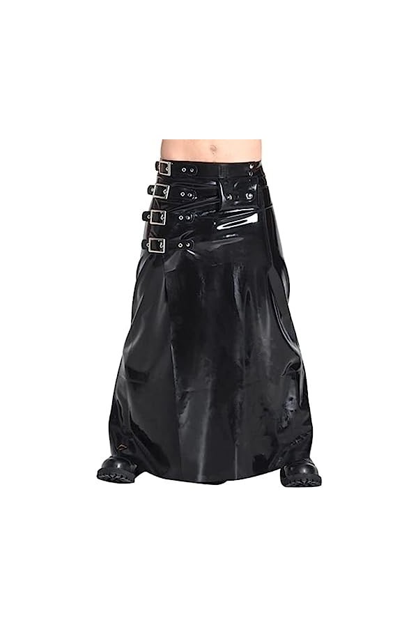 IDOBLO Jupes Kilt Sexy En Latex Noir Avec Ceintures Et Boucles Sur Le Côté Uniforme De Bas En Caoutchouc Longueur Cheville Lo