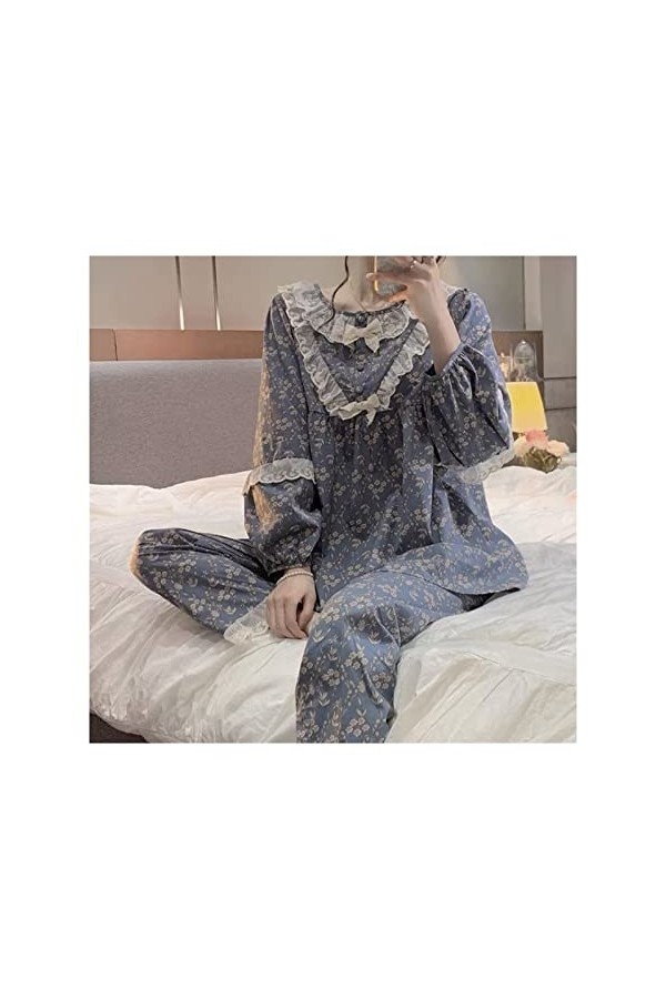 Women Long Sleeve Pajama Sets Floral Lace Ruffles Spring Lounge O-Neck Pyjamas Two Pieces Home D Talla ?nica 
