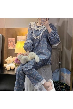 Women Long Sleeve Pajama Sets Floral Lace Ruffles Spring Lounge O-Neck Pyjamas Two Pieces Home D Talla ?nica 