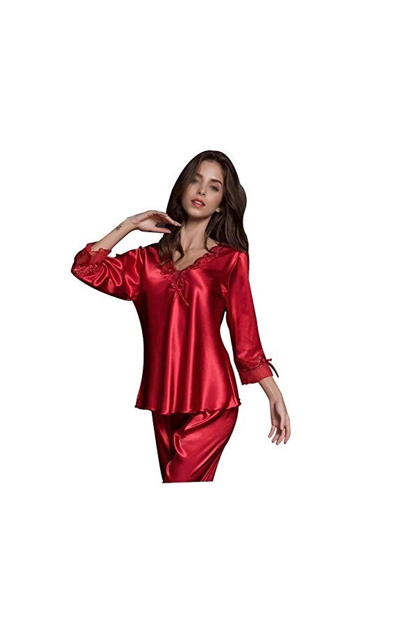 Pyjama Femme/Pyjama Sexy en Soie Printemps et Automne/Homewear/Ensemble Pyjama Doux et Confortable dÉté Rose Foncé L 