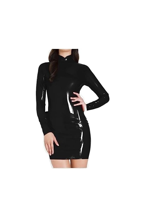 ANTIY Robe Noire Sexy En Latex Avec Col Manches Longues Dos Fermeture Éclair Complète Combinaison Moulante En Caoutchouc,Noir