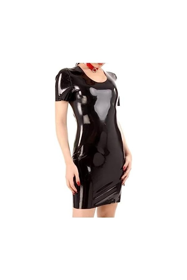 Robe Noire Sexy en Latex avec Manches Courtes Et Fermeture À Glissière Au Dos, Col Rond, Combinaison Moulante en Caoutchouc,N