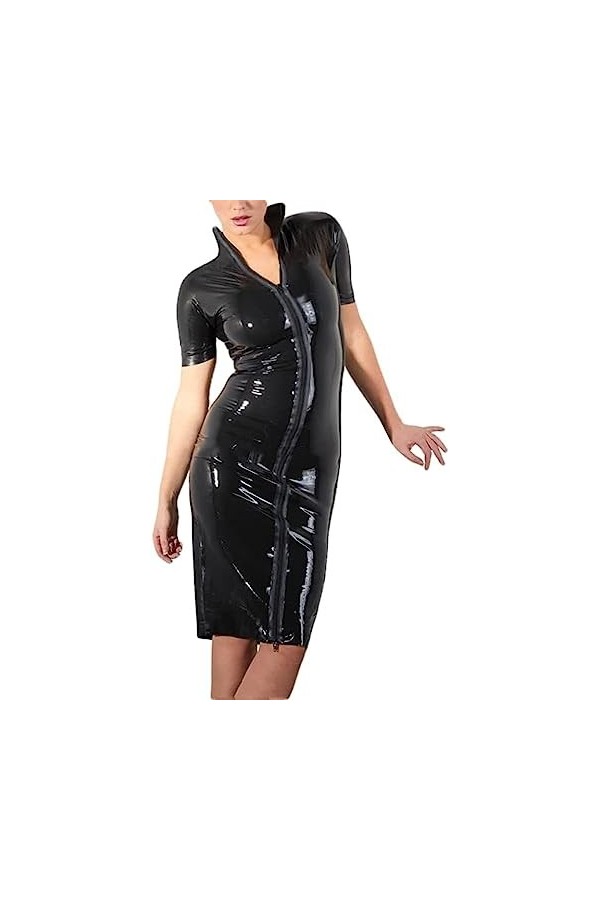 ANTIY Mini Robe Noire Sexy en Latex avec Manches Courtes Et Fermetures À Glissière Complètes sur Le Devant Robe Moulante en C