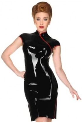 Vêtements En Latex Naturel Pour Femmes, Jupe Cheongsam, Slim, Serrée, Manches Courtes, Fente Latérale, Noire, Sur Mesure,Coul
