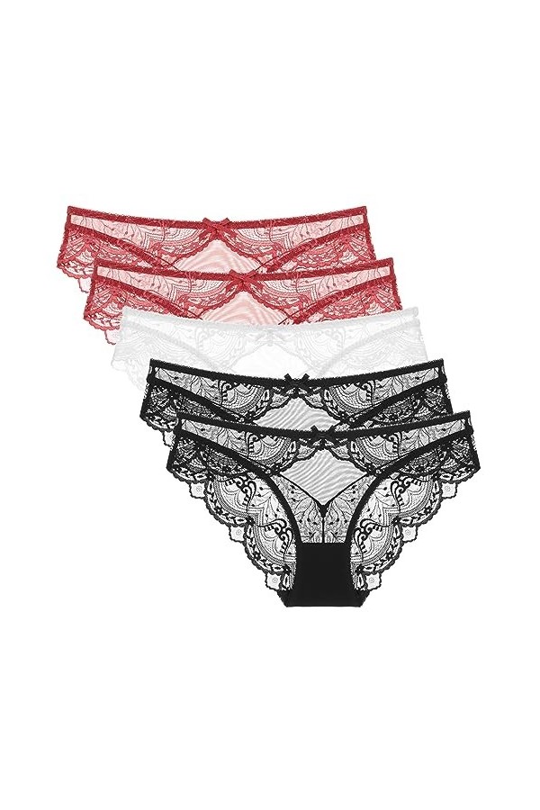 Necalisi Culotte Femme Lot de 5 vin Rouge Femme Dentelle Culotte Slips en pour Coton À Taille Moyenne Culottes Translucides F