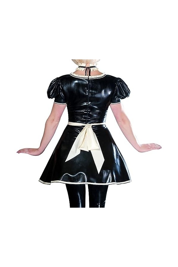 ASNAT Latex Naturel Robe Sexy en Latex pour Femme de Chambre française avec Tablier, Fermeture éclair au Dos, Volants, Manche