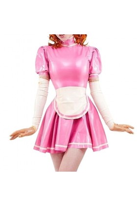 ASNAT Latex Naturel Rose et Blanc Sexy Robe de Femme de Chambre Française en Latex avec Garnitures au Tablier Uniforme en Cao