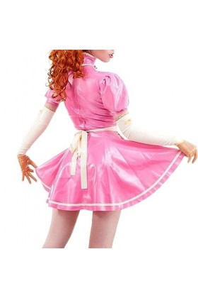 ASNAT Latex Naturel Rose et Blanc Sexy Robe de Femme de Chambre Française en Latex avec Garnitures au Tablier Uniforme en Cao