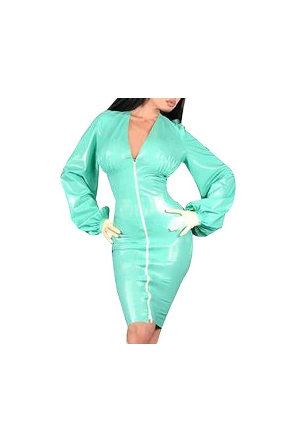 PODSI Robes Sexy en Latex Vert Jade avec Manches Bouffantes Fermeture Éclair,Rose,S