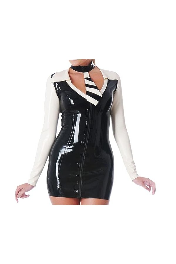 Robe Sexy en Latex Noir Et Blanc avec Liens, Fermeture Éclair à Rayures, Col Rabattu sur Le Avant, Vert Pomme W Blanc, XS