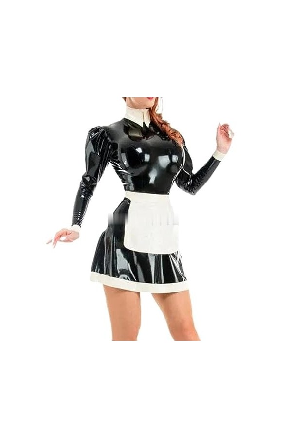 PODSI Noir avec Tablier Blanc Sexy Maid Robe en Latex avec Fermeture Éclair À Larrière en Caoutchouc Uniforme Moulante Combi