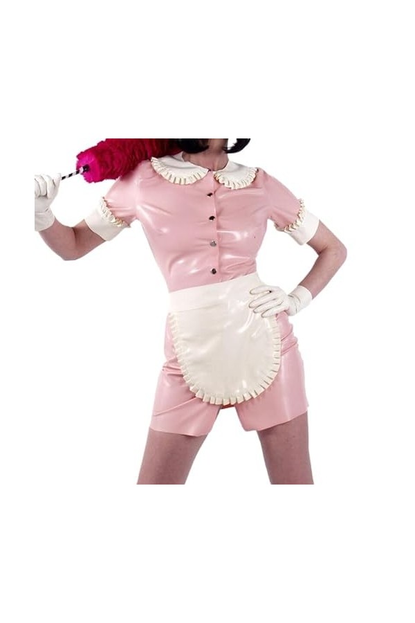 PODSI Bébé Rose Et Blanc Sexy French Maid Robe en Latex avec Tablier Boutons Devant,Transparent W Blanc,XXL