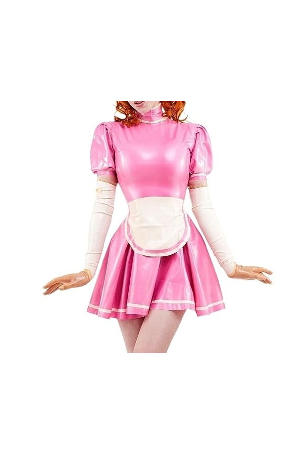 PODSI Rose Et Blanc Sexy French Maid Robe en Latex avec Garnitures Au Tablier Uniforme en Caoutchouc,Bleu avec Blanc,L