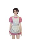 PODSI Rose Et Blanc Sexy Femme De Ménage Française Robe En Latex Avec Grand Tablier Bouton Dos En Caoutchouc Uniforme Combish