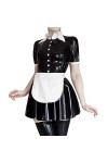 PODSI Noir Et Blanc Sexy French Maid Robes en Latex avec Tablier Volants Boutons Avant Caoutchouc Uniforme Moulante Combishor