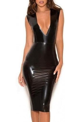 IDOBLO Robe Dété en Latex pour Femmes Noires pour Slim Fetish Rubber Deep V,Noir,XS