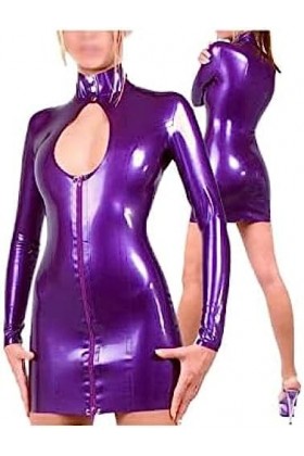 Robe Latex 100% Caoutchouc Femme Violet Collants Jupe Dame Soirée Avec Fermeture Éclair, Violet,Violet,Grand
