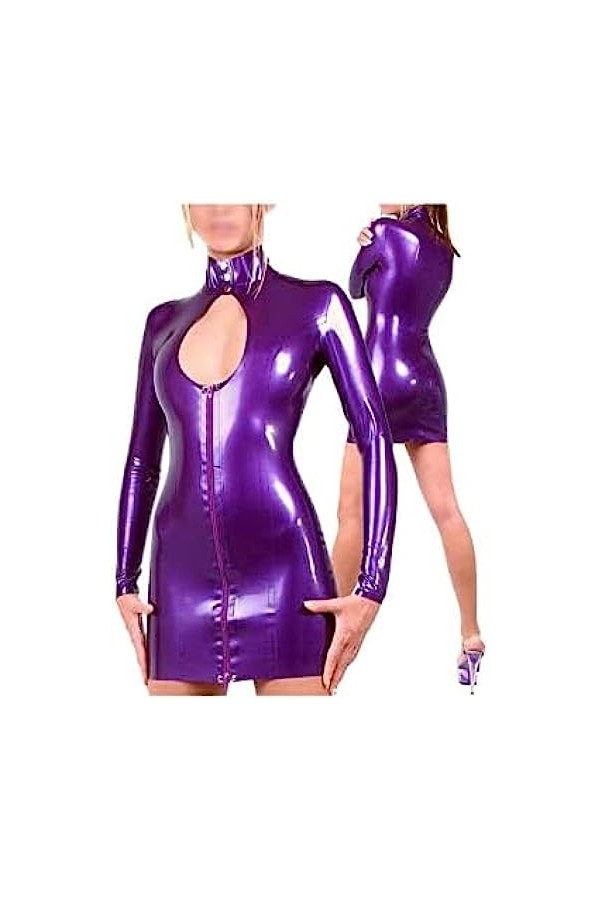 Robe Latex 100% Caoutchouc Femme Violet Collants Jupe Dame Soirée Avec Fermeture Éclair, Violet,Violet,Grand