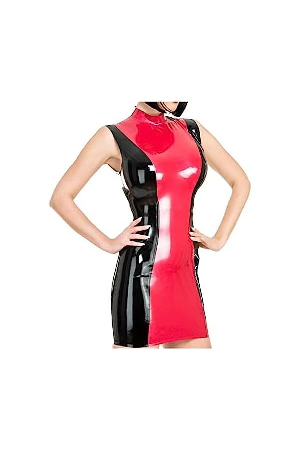 Robe Sexy En Latex Rouge Et Noir Métallisé Avec Fermeture À Glissière Au Dos,Rouge Noir,XX-Grand