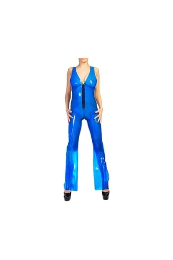 Combinaison Sexy En Latex Pour Femme Avec Coupe Basse Et Fermeture Éclair Avant Attachée À La Taille Arrière De Couleur Bleue