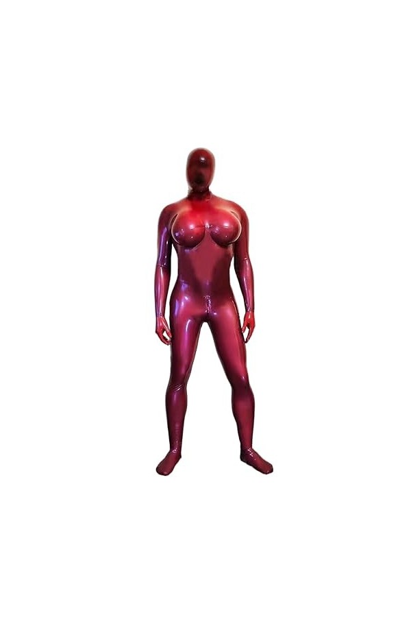 Sexy Men Latex Full Body Catsuit Rubber Bodysuits Hood Fake Breast Pocket Crossdress with Crotch Zipper