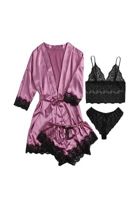 Ensemble de Pyjama Extensible Quatre pièces pour Femmes, vêtements de détente Sexy Grande Taille en Dentelle Couleur: D, Tai