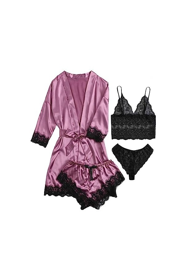 Ensemble de Pyjama Extensible Quatre pièces pour Femmes, vêtements de détente Sexy Grande Taille en Dentelle Couleur: D, Tai