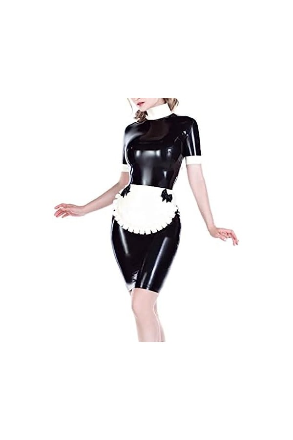 Robe De Femme De Chambre Française Sexy En Latex Avec Fermetures À Glissière Au Dos Tablier Blanc Deux Nœuds Col Haut En Caou