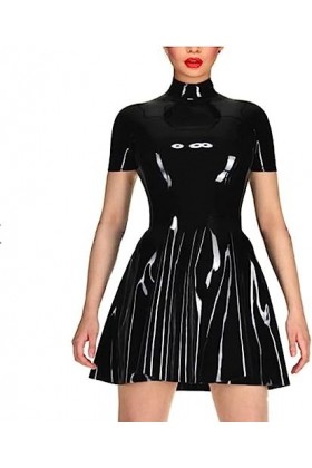 IDOBLO Robe Noire Sexy en Latex avec Manches Courtes, Col Haut, Fermetures À Glissière dans Le Dos, Combinaison Moulante en C