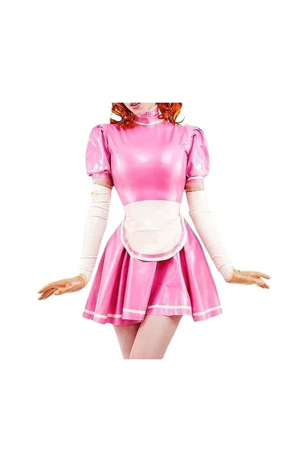 Robe En Latex De Femme De Chambre Française Sexy Rose Et Blanche Avec Garnitures Au Tablier En Caoutchouc Uniforme Combishort
