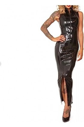 IDOBLO Robe Noire Sexy en Latex sans Manches avec Fermetures À Glissière sur Le Devant Fente Au Dos en Bas Combishort Moulant