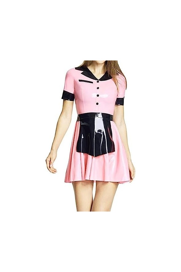 IDOBLO Uniforme De Femme De Chambre Sexy En Latex Rose Et Noir Avec Des Boutons Devant Des Garnitures Tablier Robes En Caoutc