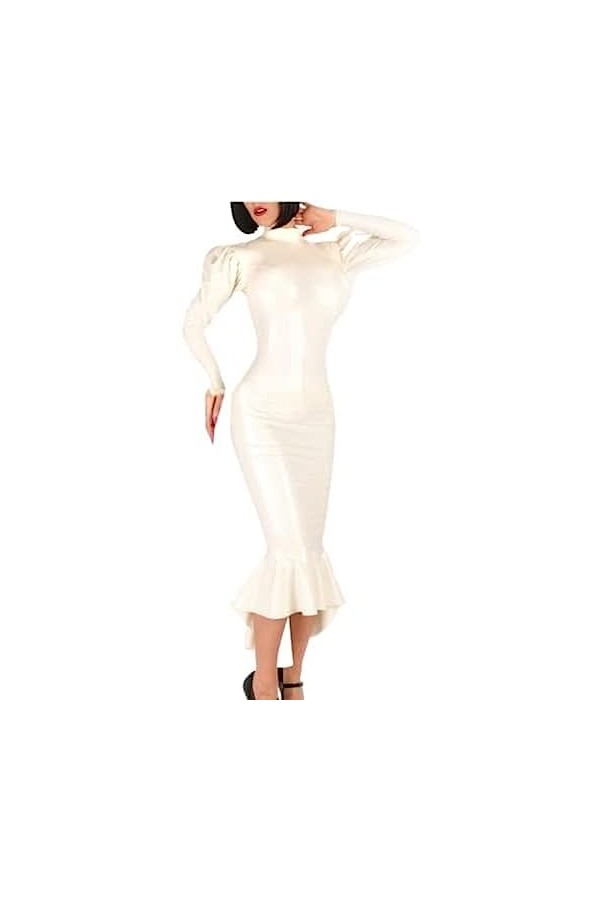 IDOBLO Robe Blanche Sexy en Latex avec Fermetures À Glissière Au Dos, Manches Bouffantes, Robe en Caoutchouc, Combinaison Mou