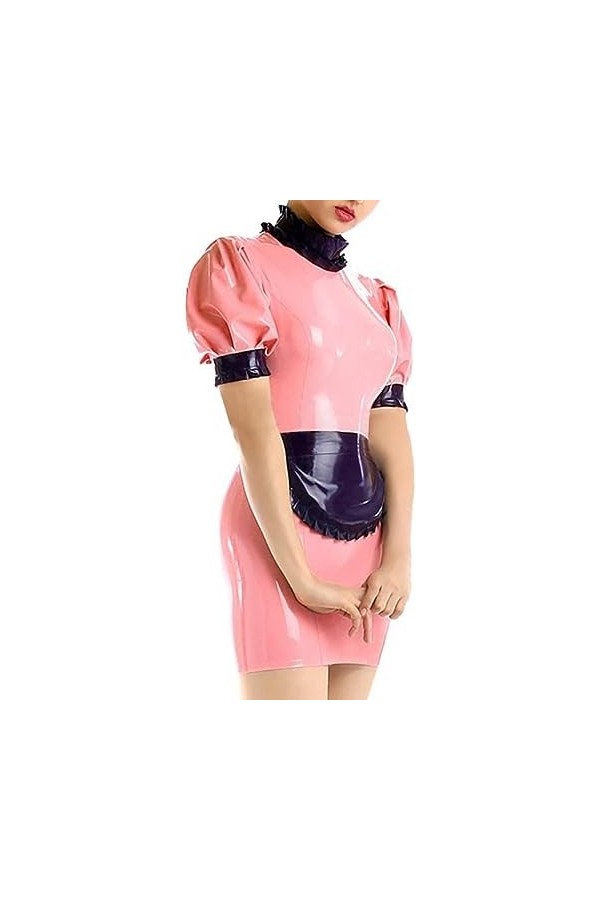 Uniforme En Latex De Femme De Chambre Française Sexy Rose Et Noir Avec Fermeture À Glissière Au Dos Manches Bouffantes Tablie