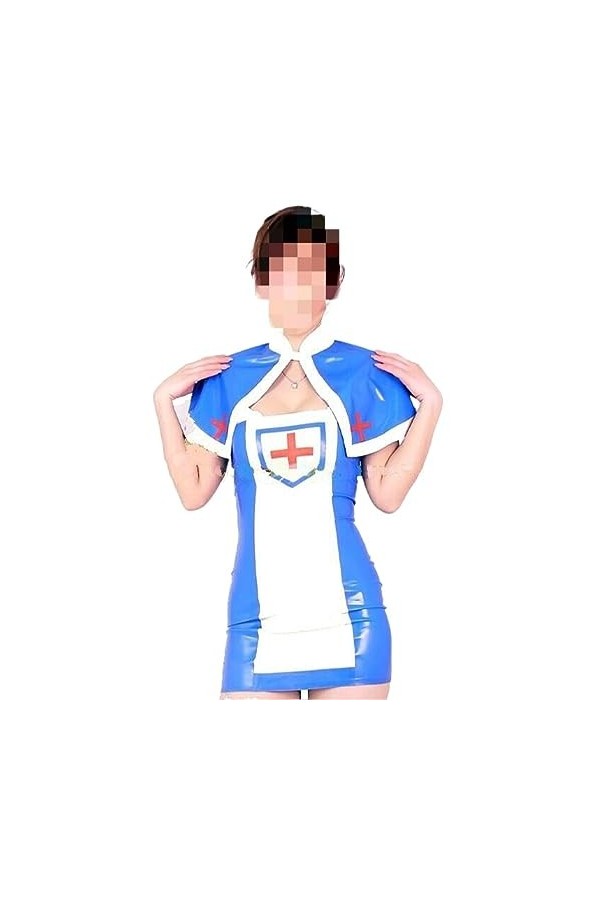 PODSI Robe en Latex en Caoutchouc pour Femmes Jupe Courte Bleu Clair et Blanc avec châle, XL
