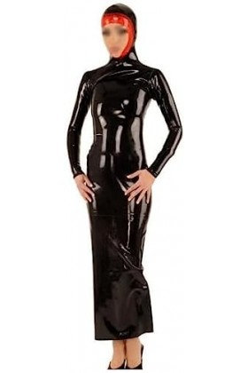 IDOBLO Garnitures Noires Et Rouges Robe Sexy en Latex avec Capuches Open Face Zipper Back Rubber Playsuit Bodycon,Noir avec R