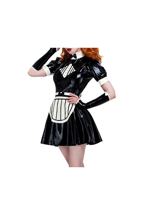 PODSI Sexy French Maid Robe en Latex avec des Bandes sur Le Tablier Fermeture à Glissière Avant à larrière en Caoutchouc Uni