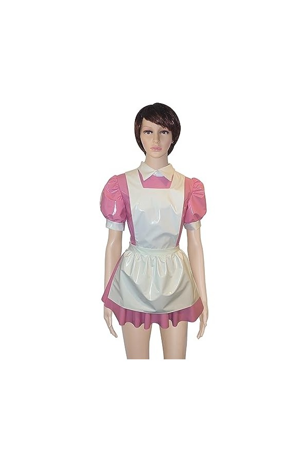 PODSI Rose Et Blanc Sexy Femme De Chambre Française Robe En Latex Avec Grand Tablier Bouton Dos En Caoutchouc Uniforme Combis