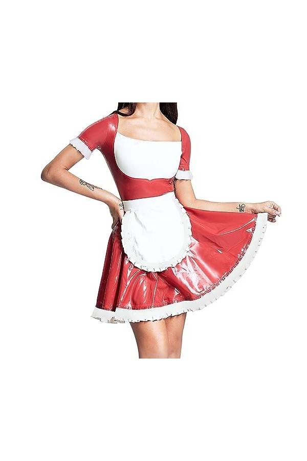 PODSI Rouge Et Blanc Sexy Femme De Chambre Française Robe en Latex avec Tablier Col Rond Fermeture Éclair Dos en Caoutchouc U