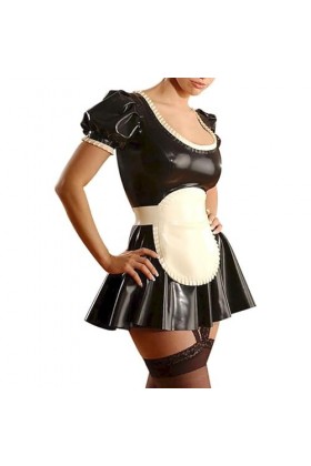 PODSI Noir Et Blanc Manches Courtes Bouffantes Sexy French Maid Robe en Latex avec Tablier en Caoutchouc Uniforme Moulante Co