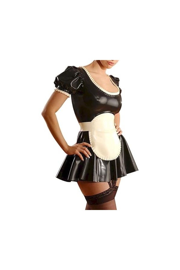 PODSI Noir Et Blanc Manches Courtes Bouffantes Sexy French Maid Robe en Latex avec Tablier en Caoutchouc Uniforme Moulante Co